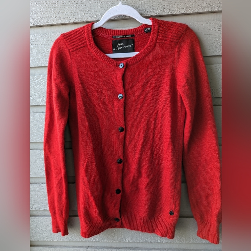 POUR LES BON VIVANTS Red Maison Scotch Knit Cardigan Sweater Size Small P'tite